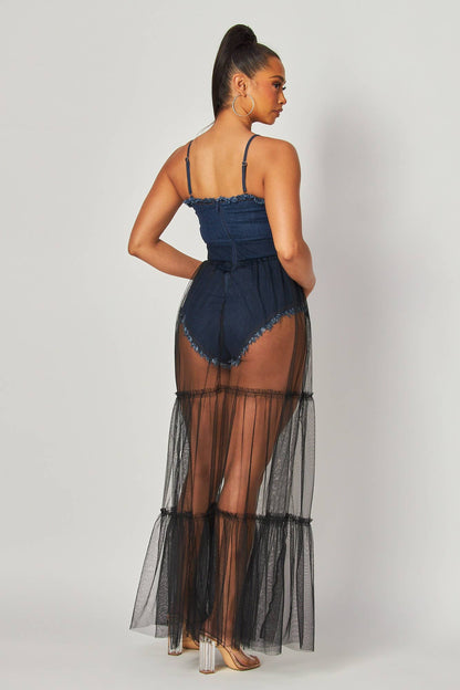 Women's Denim Bodysuit with Sheer Mesh Maxi Skirt Overlay, Spaghetti Straps, Navy Blue
