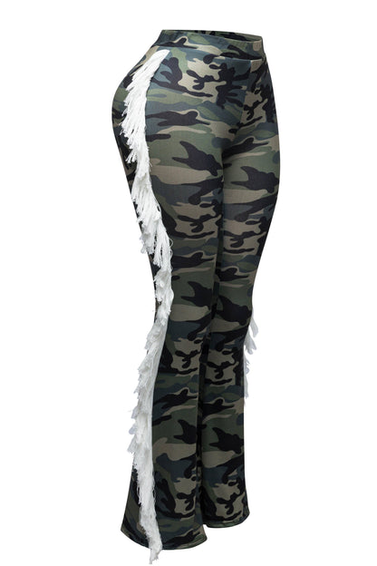 Women's Graffiti Print Leggings with White Fringe Detail, High Waist Street Style Dance Pants