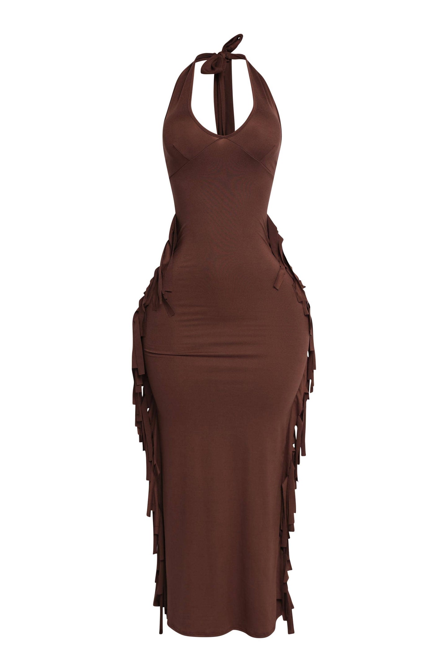 Women's Halter Neck Bodycon Maxi Dress with Side Fringe Detail, Olive Green