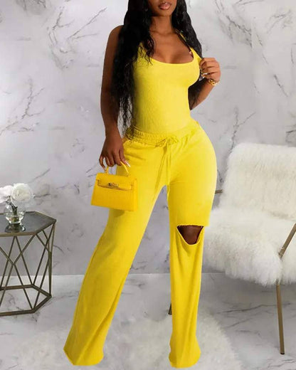 Women's Yellow Two-Piece Set, Tank Top and Wide-Leg Pants with Knee Cutout, Stretchy Cotton Blend