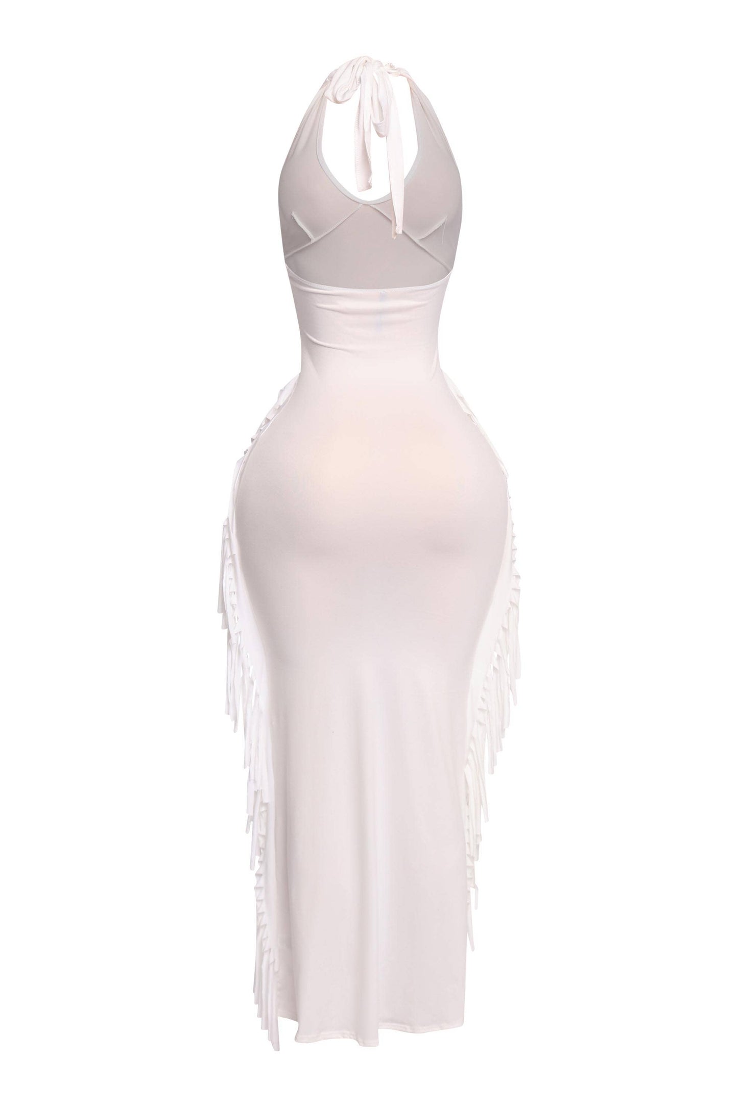 Women's Halter Neck Bodycon Maxi Dress with Side Fringe Detail, Olive Green