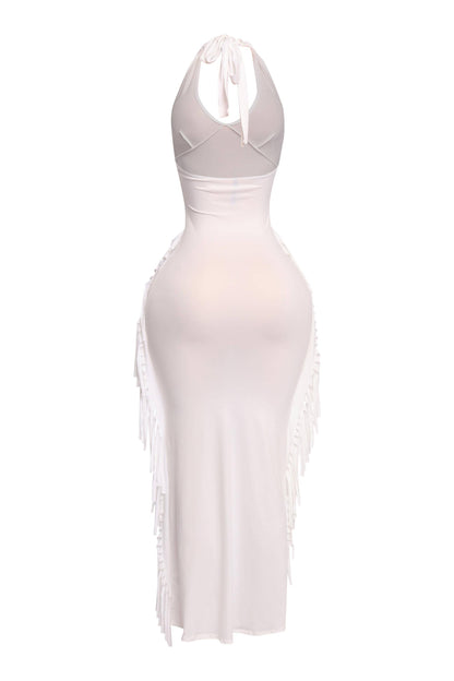 Women's Halter Neck Bodycon Maxi Dress with Side Fringe Detail, Olive Green