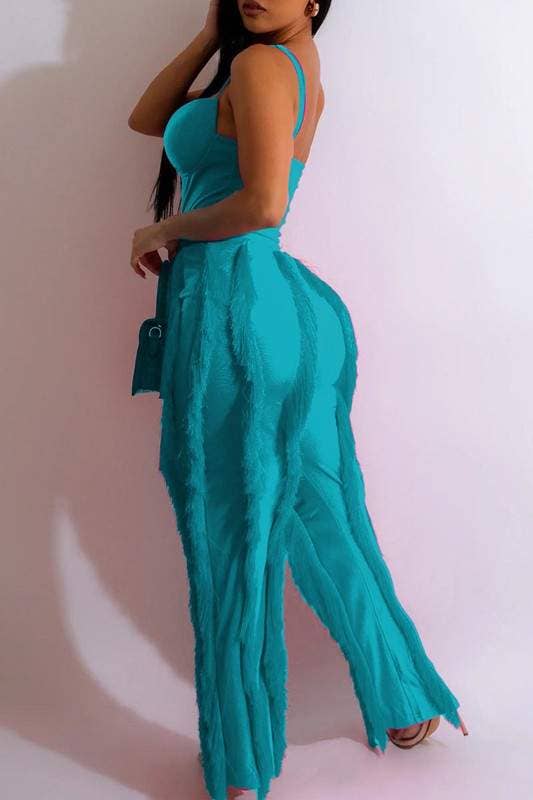 Women's Emerald Green Bustier Jumpsuit with Wide Leg Pants, Spaghetti Straps, Sweetheart Neckline