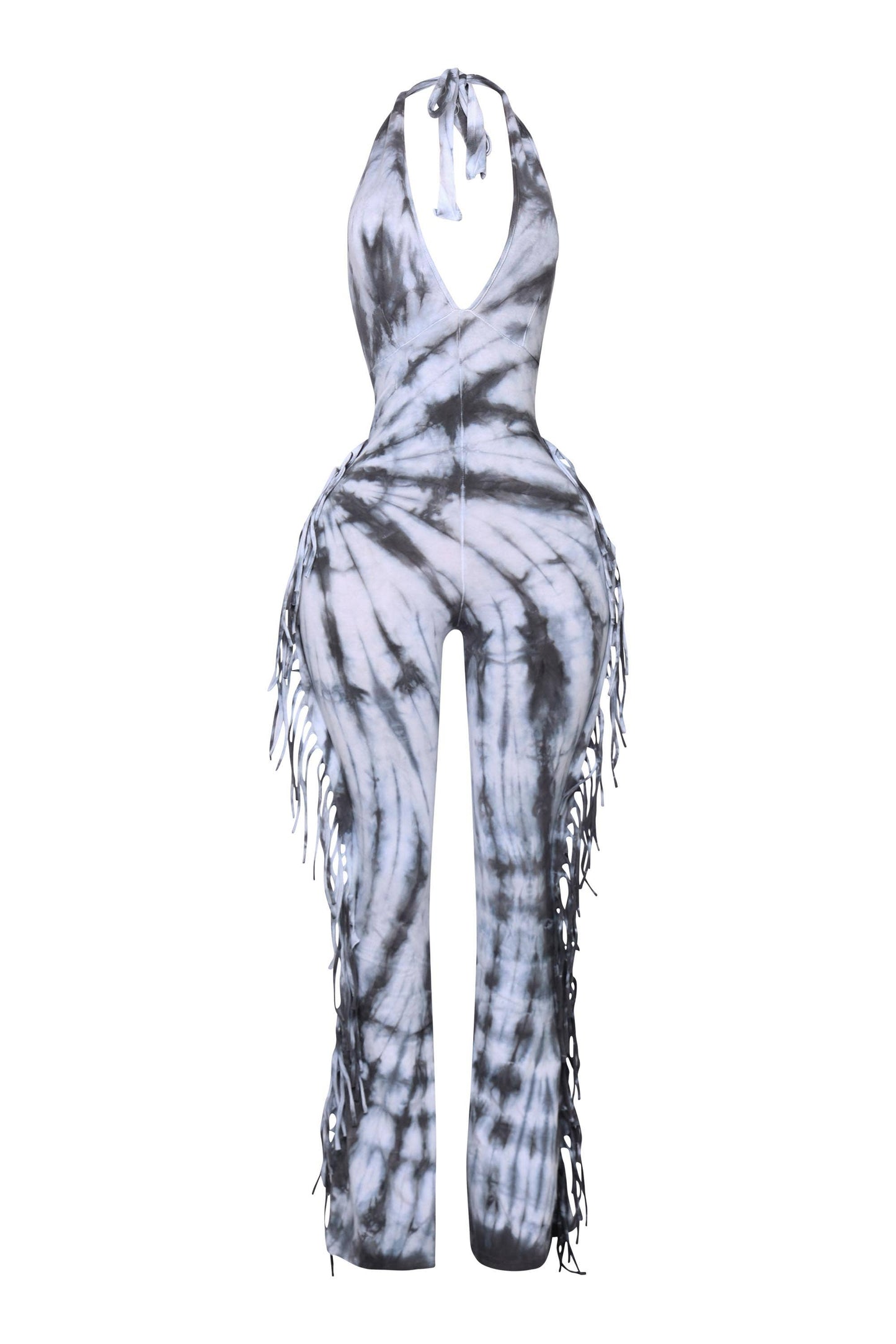 Women's Tie-Dye Halter Jumpsuit with Fringe Detail, Black and White Pattern, Full Length