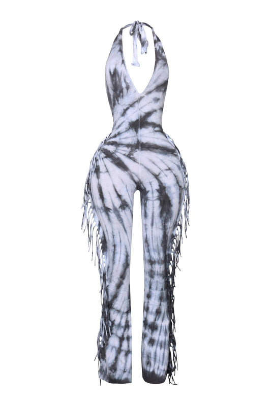 Women's Tie-Dye Halter Jumpsuit with Fringe Detail, Black and White Pattern, Full Length