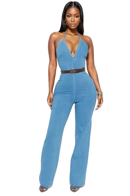 Denim Halter Jumpsuit with Belt, V-Neck, Wide Leg, Light Blue