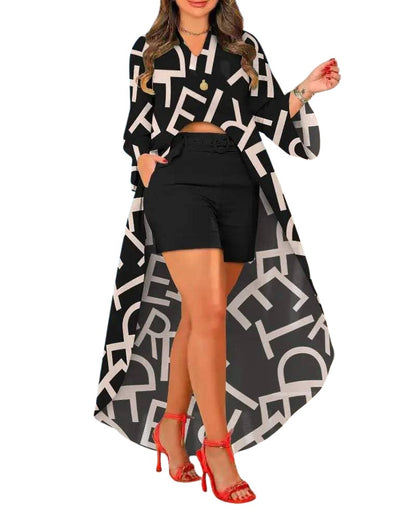 Women's Two-Piece Set, Geometric Print Long Maxi Cardigan with Black Shorts, V-Neck Long Sleeve