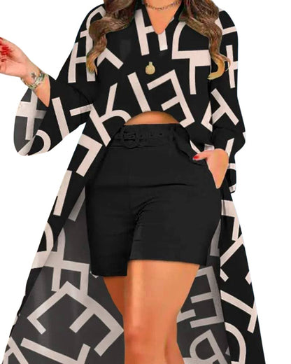 Women's Two-Piece Set, Geometric Print Long Maxi Cardigan with Black Shorts, V-Neck Long Sleeve