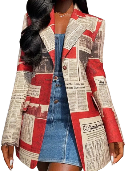 Women's Vintage Newspaper Print Blazer Jacket, Red and White, Long Sleeve Button Front, Casual Business Style