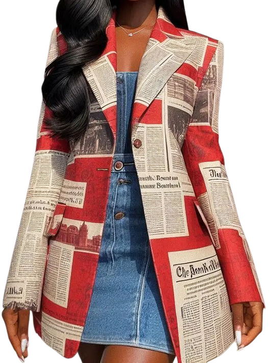 Women's Vintage Newspaper Print Blazer Jacket, Red and White, Long Sleeve Button Front, Casual Business Style