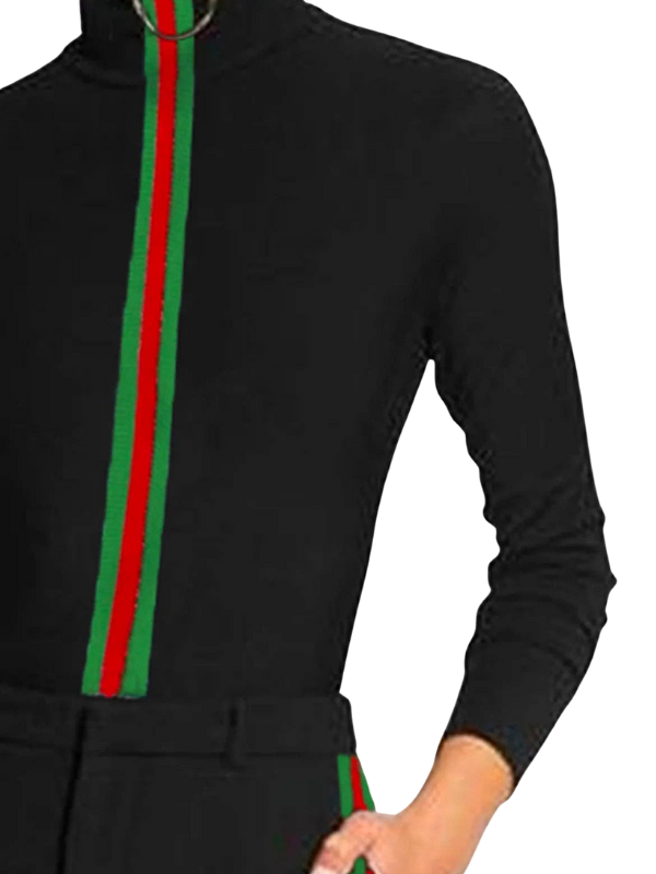 Women's Elegant Black two piece with Red Green Striped Trim, Long Sleeve, High Neck, Wide Leg, Casual Party Wear