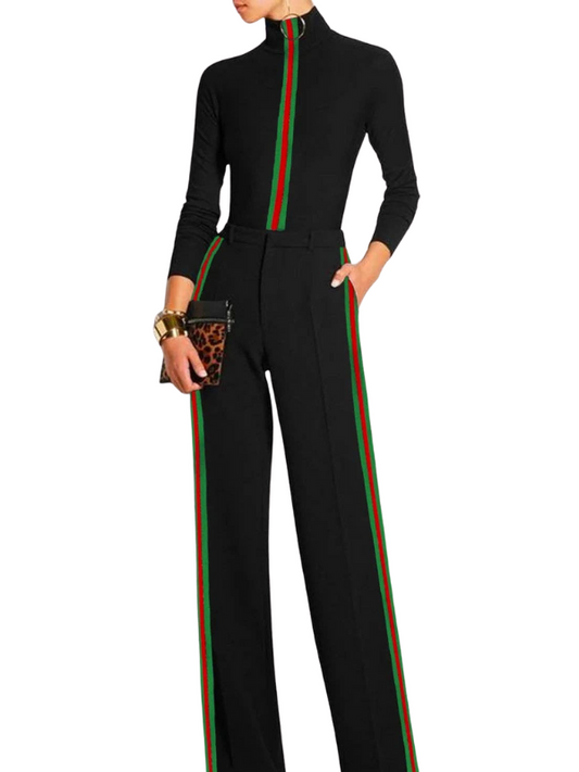 Women's Elegant Black two piece with Red Green Striped Trim, Long Sleeve, High Neck, Wide Leg, Casual Party Wear
