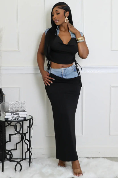 Women's Two-Piece Denim Accent Outfit, Black Crop Top and Maxi Skirt Set