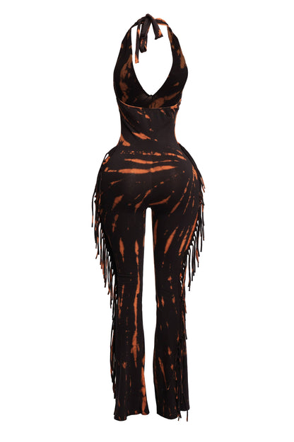 Women's Tie-Dye Halter Jumpsuit with Fringe Detail, Black and White Pattern, Full Length
