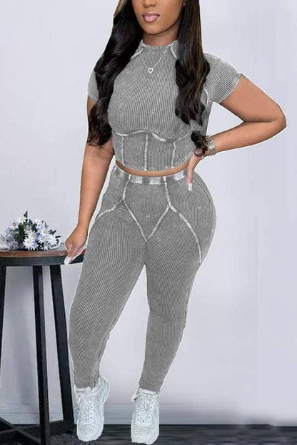 Women's Two-Piece Ribbed Crop Top and Pants Set, Pink, Streetwear Athletic Style
