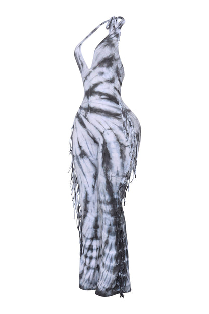 Women's Tie-Dye Halter Jumpsuit with Fringe Detail, Black and White Pattern, Full Length