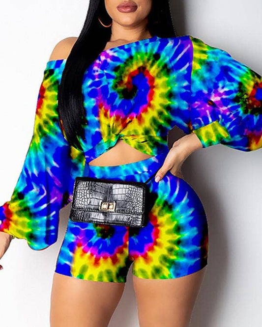 Tie Dye Two Piece Set, Long Sleeve Crop Top and Shorts, Rainbow Multicolor