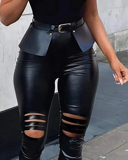 High Waist Pu Leather Skinny Pants with Belt