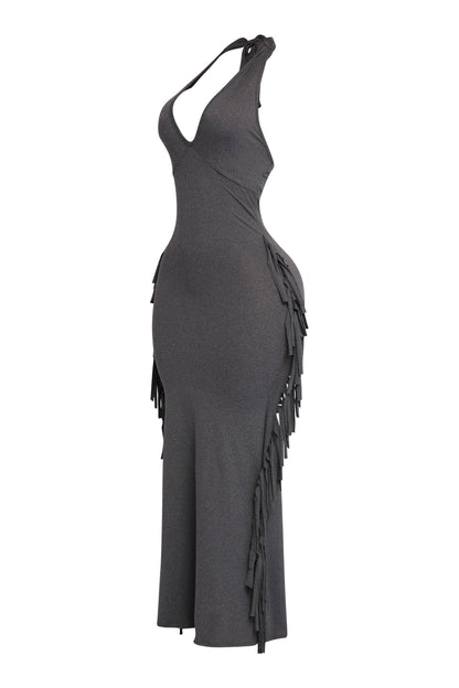 Women's Halter Neck Bodycon Maxi Dress with Side Fringe Detail, Olive Green