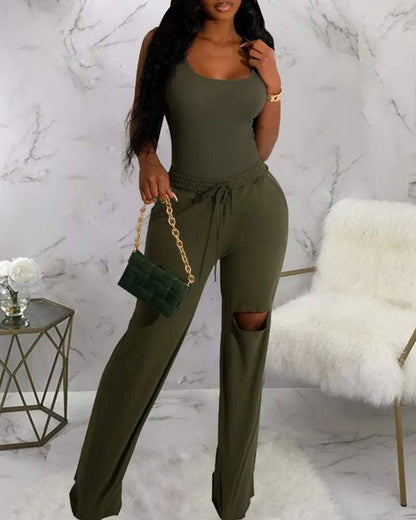 Women's Yellow Two-Piece Set, Tank Top and Wide-Leg Pants with Knee Cutout, Stretchy Cotton Blend
