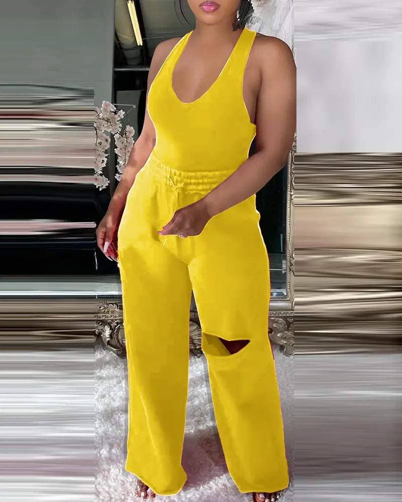 Women's Yellow Two-Piece Set, Tank Top and Wide-Leg Pants with Knee Cutout, Stretchy Cotton Blend