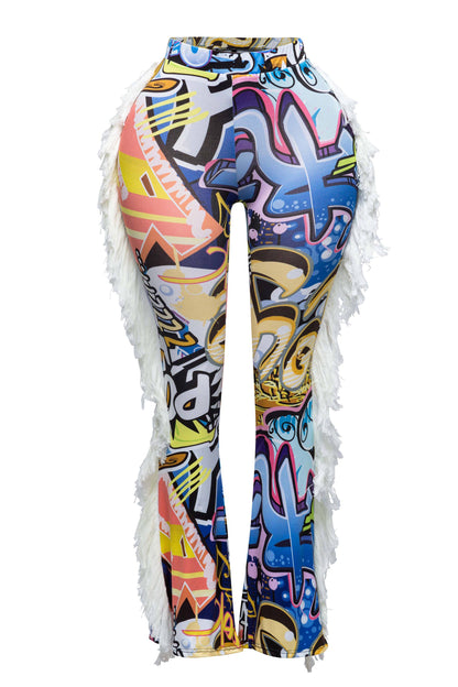 Women's Graffiti Print Leggings with White Fringe Detail, High Waist Street Style Dance Pants