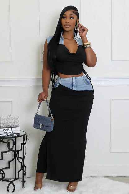 Women's Two-Piece Denim Accent Outfit, Black Crop Top and Maxi Skirt Set