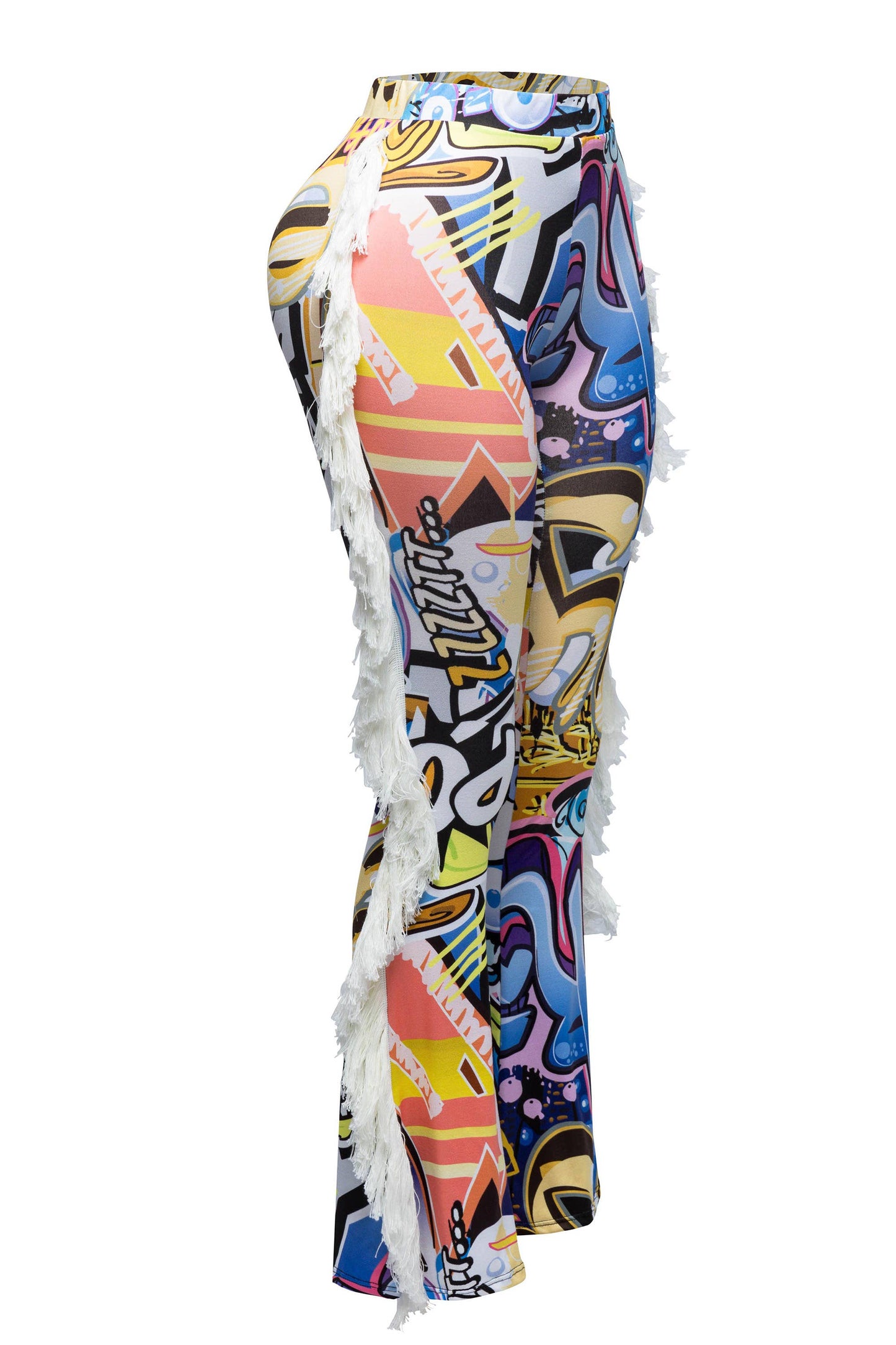 Women's Graffiti Print Leggings with White Fringe Detail, High Waist Street Style Dance Pants