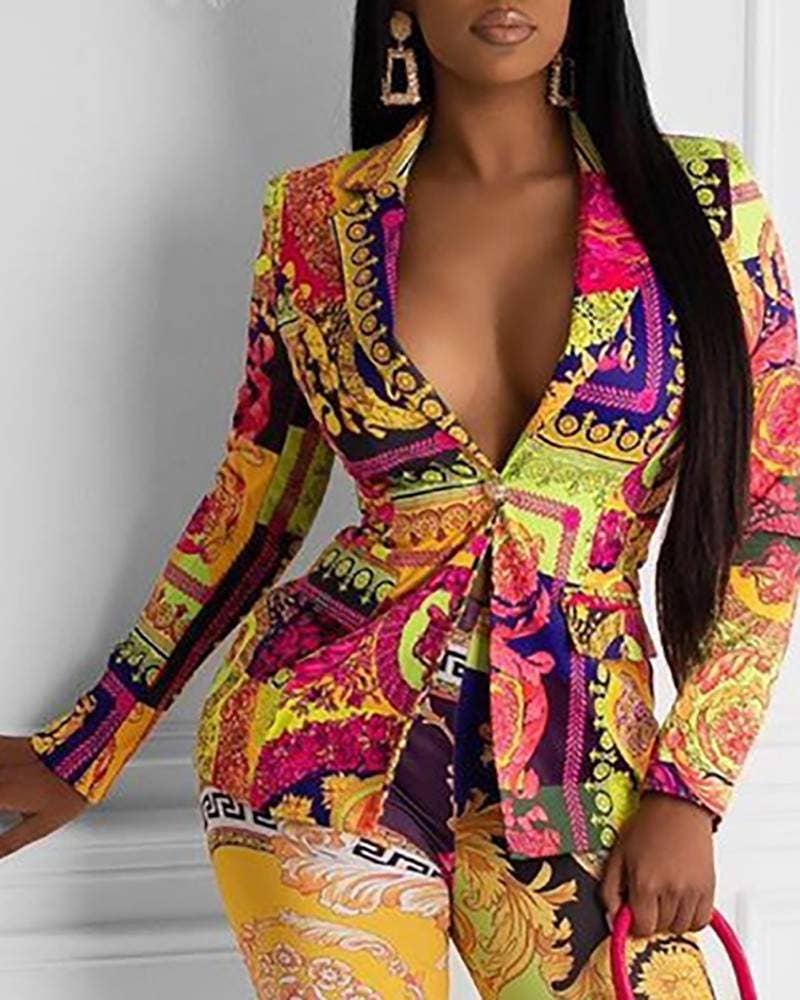 Women's V-Neck Long Sleeve Jumpsuit, Colorful Abstract Print, Fitted Design with Paisley Pattern Blazer