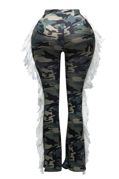 Women's Graffiti Print Leggings with White Fringe Detail, High Waist Street Style Dance Pants