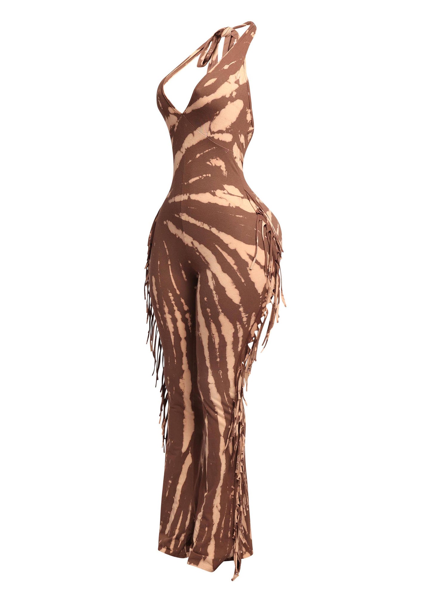 Women's Tie-Dye Halter Jumpsuit with Fringe Detail, Black and White Pattern, Full Length