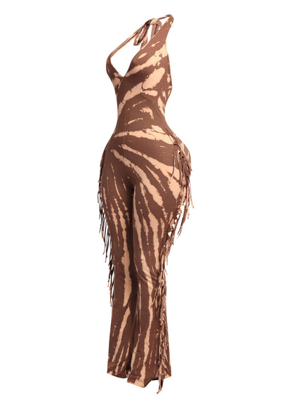 Women's Tie-Dye Halter Jumpsuit with Fringe Detail, Black and White Pattern, Full Length