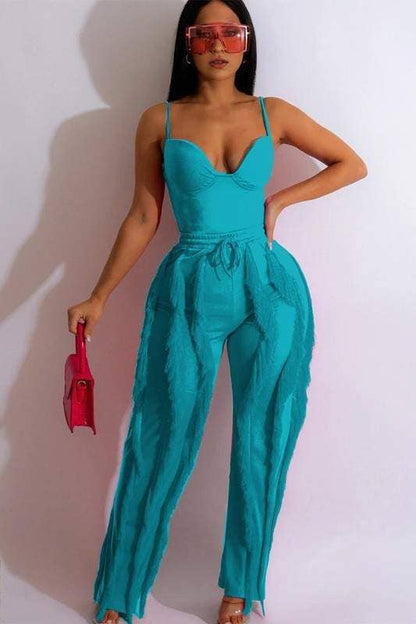 Women's Emerald Green Bustier Jumpsuit with Wide Leg Pants, Spaghetti Straps, Sweetheart Neckline