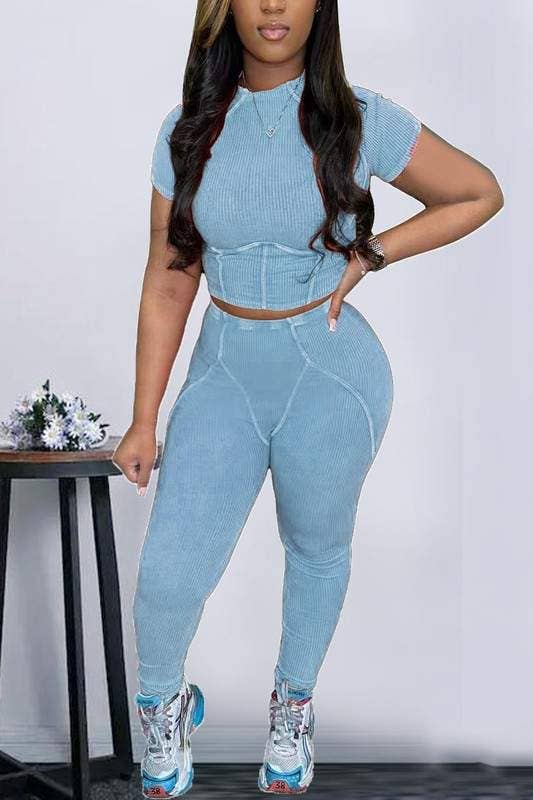 Women's Two-Piece Ribbed Crop Top and Pants Set, Pink, Streetwear Athletic Style