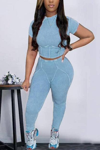 Women's Two-Piece Ribbed Crop Top and Pants Set, Pink, Streetwear Athletic Style