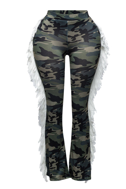 Women's Graffiti Print Leggings with White Fringe Detail, High Waist Street Style Dance Pants