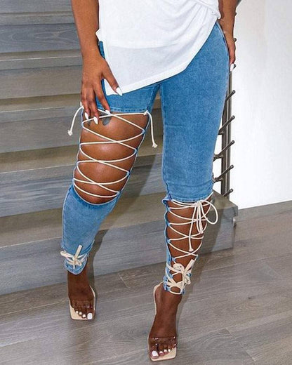 New zipper fly cutout laceup skinny jeans