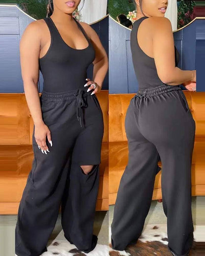 Women's Yellow Two-Piece Set, Tank Top and Wide-Leg Pants with Knee Cutout, Stretchy Cotton Blend