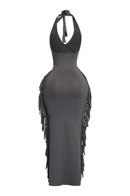 Women's Halter Neck Bodycon Maxi Dress with Side Fringe Detail, Olive Green