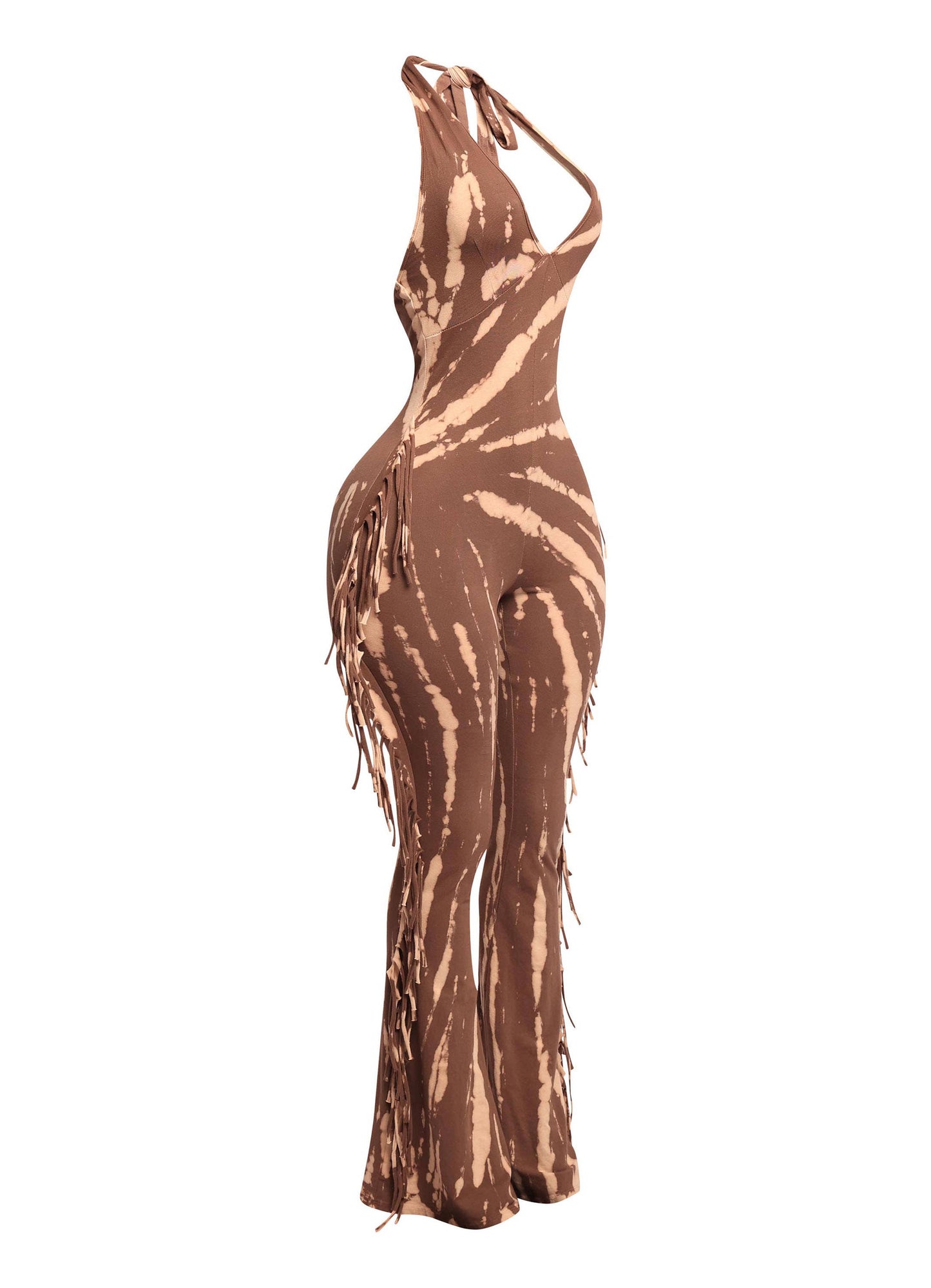 Women's Tie-Dye Halter Jumpsuit with Fringe Detail, Black and White Pattern, Full Length