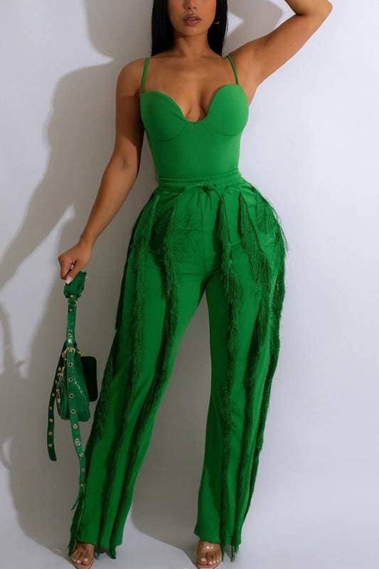 Women's Emerald Green Bustier Jumpsuit with Wide Leg Pants, Spaghetti Straps, Sweetheart Neckline