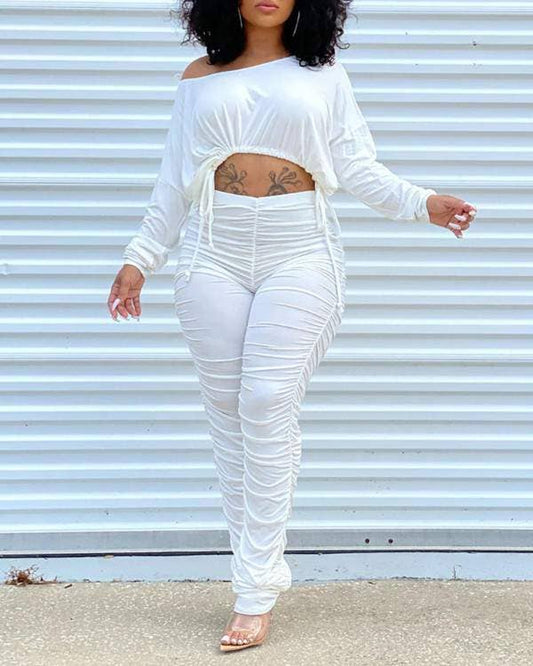 Women's 2 Piece Ruched Loungewear Set, Long Sleeve Crop Top and Stacked Pants