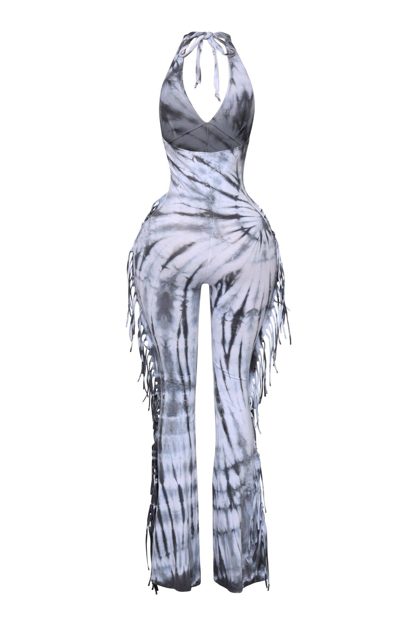 Women's Tie-Dye Halter Jumpsuit with Fringe Detail, Black and White Pattern, Full Length