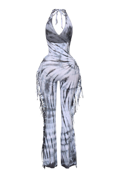 Women's Tie-Dye Halter Jumpsuit with Fringe Detail, Black and White Pattern, Full Length
