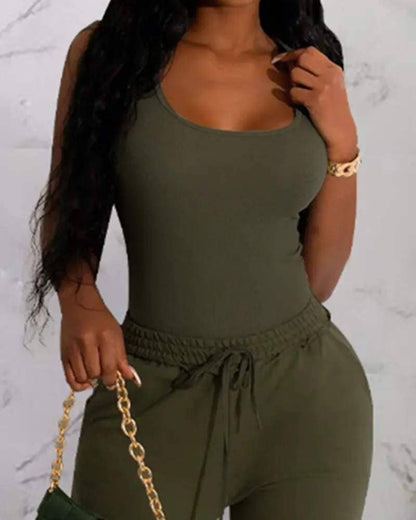 Women's Yellow Two-Piece Set, Tank Top and Wide-Leg Pants with Knee Cutout, Stretchy Cotton Blend