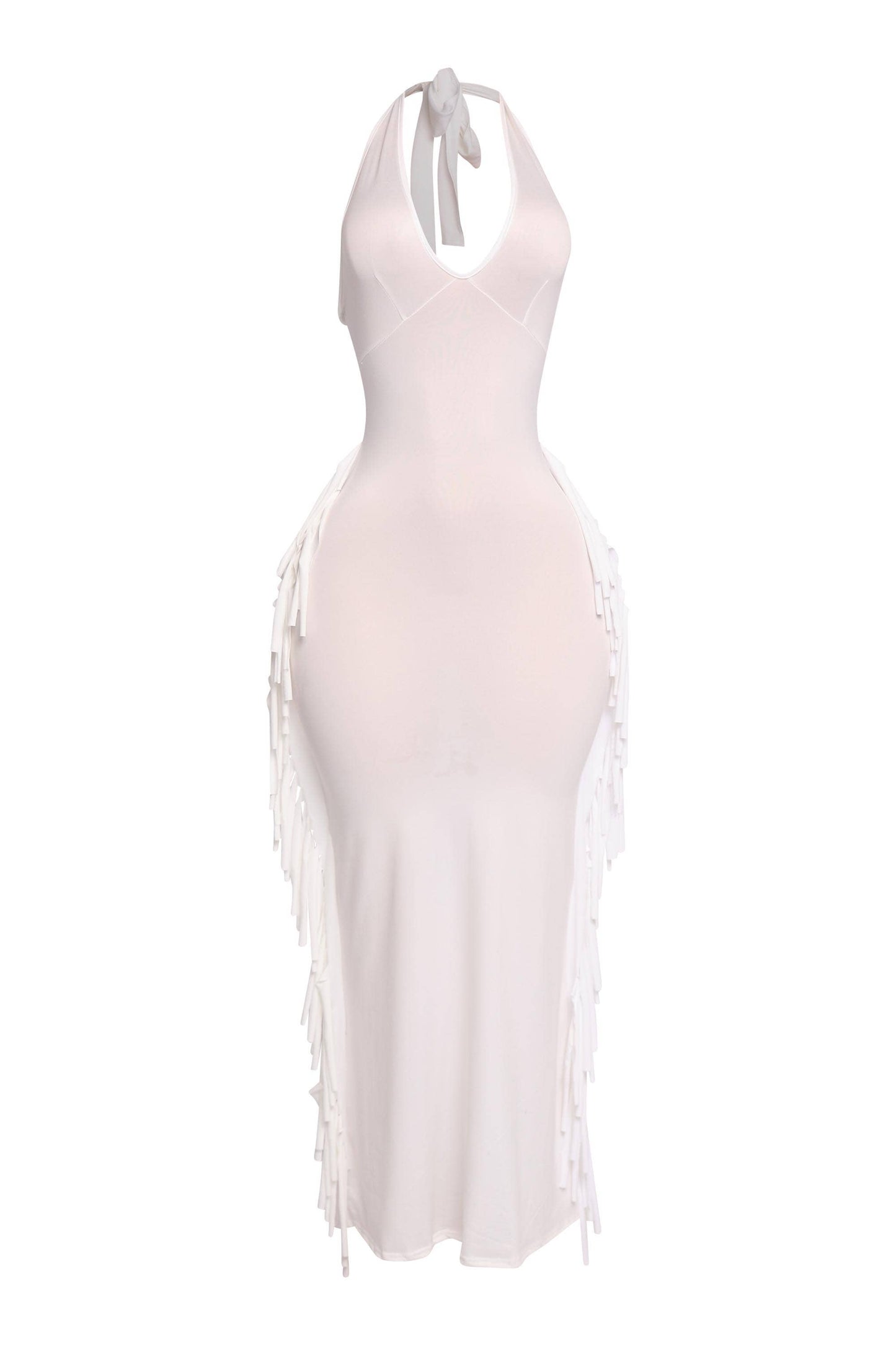 Women's Halter Neck Bodycon Maxi Dress with Side Fringe Detail, Olive Green
