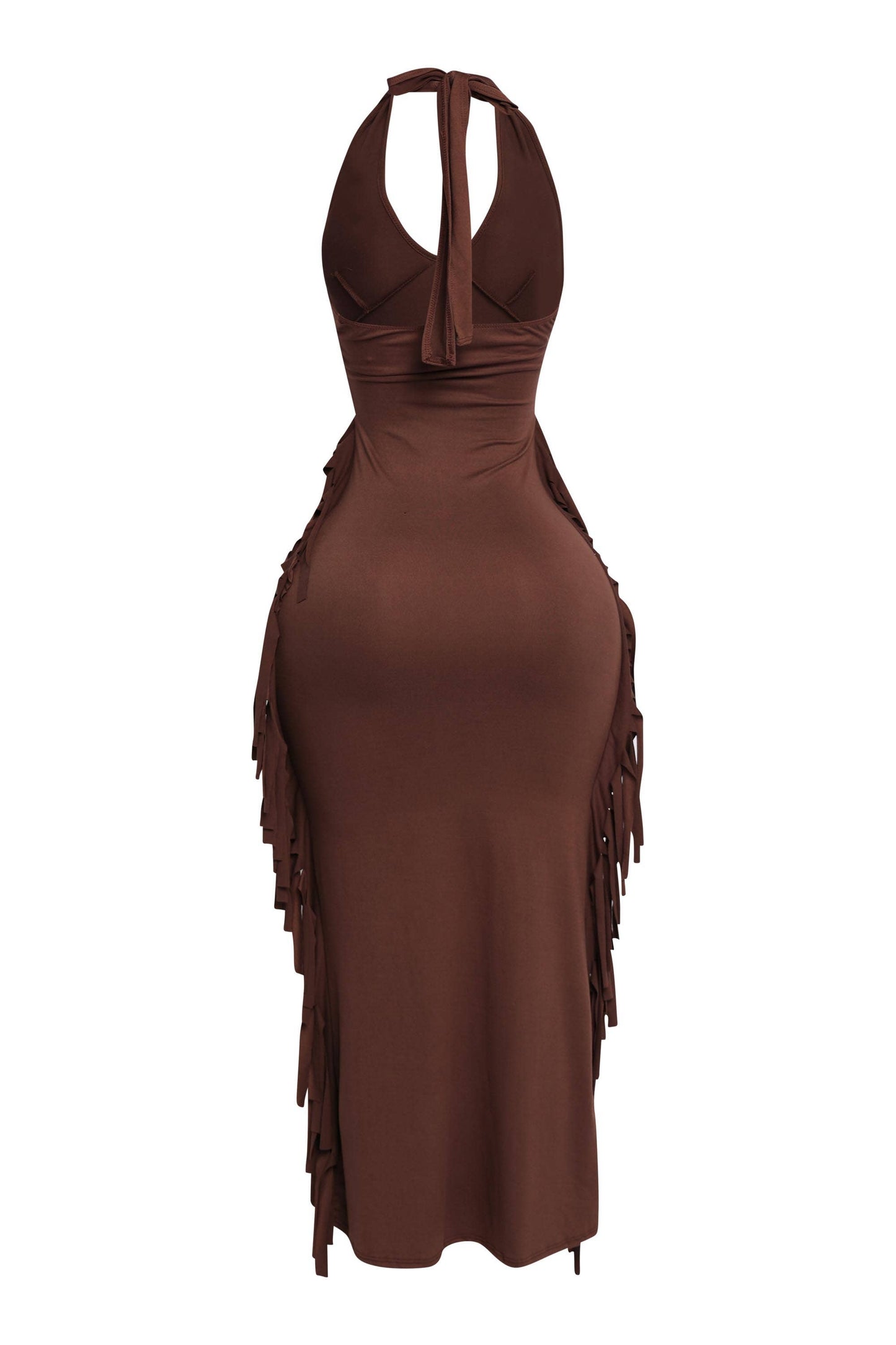 Women's Halter Neck Bodycon Maxi Dress with Side Fringe Detail, Olive Green