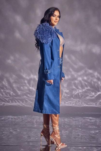 Denim Trench Coat with Faux Fur