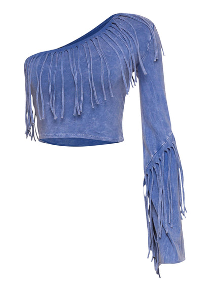 Women's One Shoulder Fringe Crop Top, Blue Suede, Long Sleeve