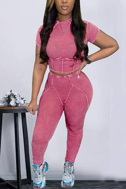 Women's Two-Piece Ribbed Crop Top and Pants Set, Pink, Streetwear Athletic Style